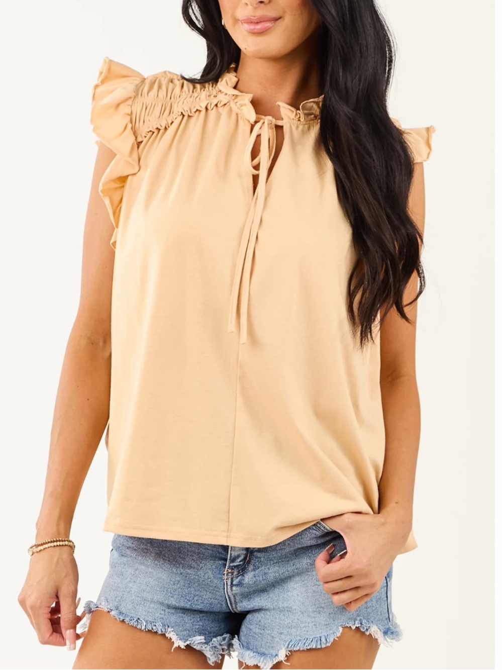 Ruffled Mock Neck Cap-Sleeve Blouse - Peach